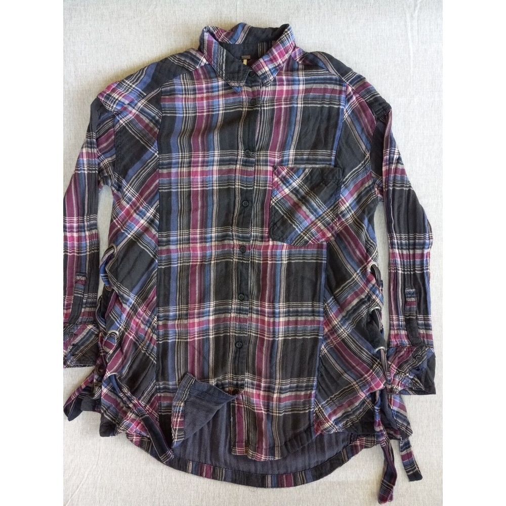 Free People Women XP Tall Plaid Buttons Side‎ Strappy Long Sleeve Viscose Blouse